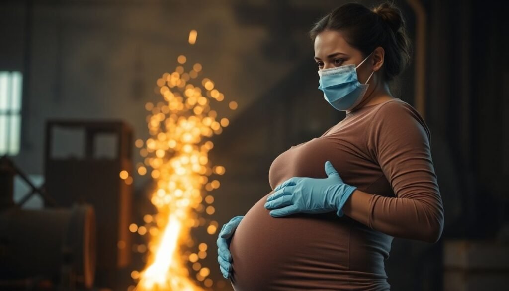 Mulher grávida em ambiente de trabalho insalubre.