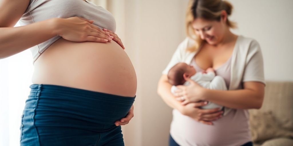 Mãe grávida sorrindo com um bebê recém-nascido.