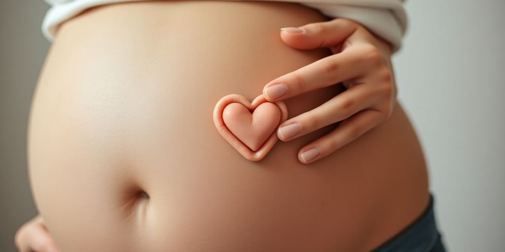 Mão de mulher grávida no ventre com coração.