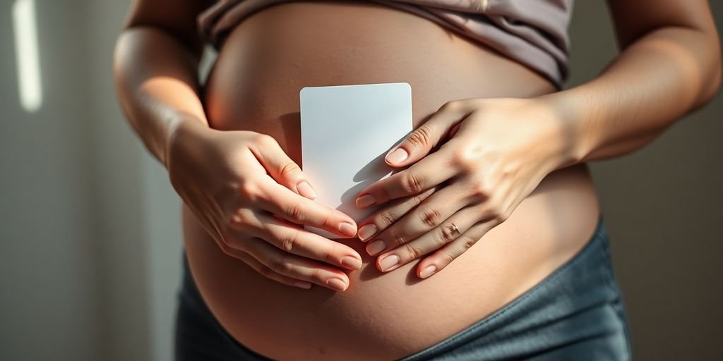 Mãos segurando cartão de gestante com barriga