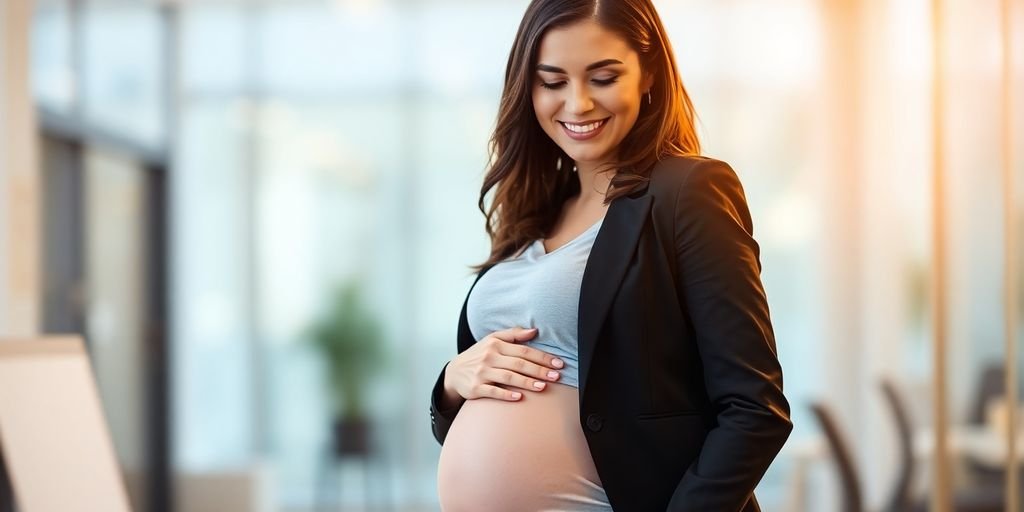 Mulher grávida sorrindo com a mão na barriga.