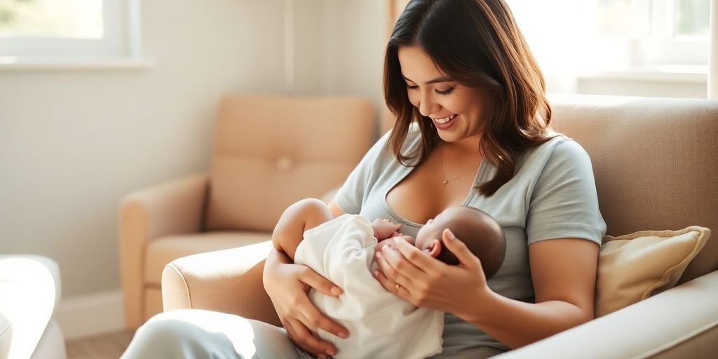 Mãe amamentando bebê pacificamente em sala confortável e privada.