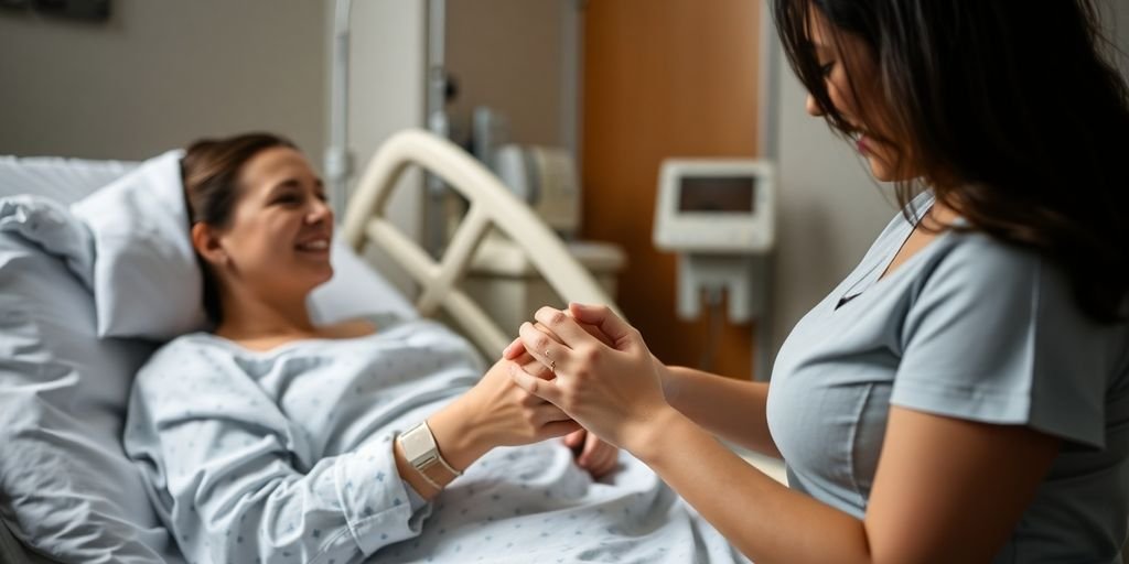 Mulher em trabalho de parto com acompanhante ao lado.